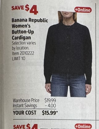 Savings Book panel for Banana Republic Women's Button-Up Cardigan