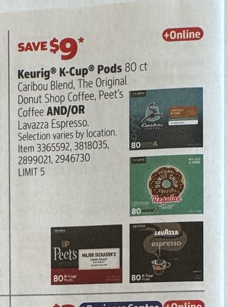Savings Book panel for Keurig K-Cup Pods, 80 ct: Caribou Blend, The Original Donut Shop Coffee, Peet's Coffee and/or Lavazza Espresso
