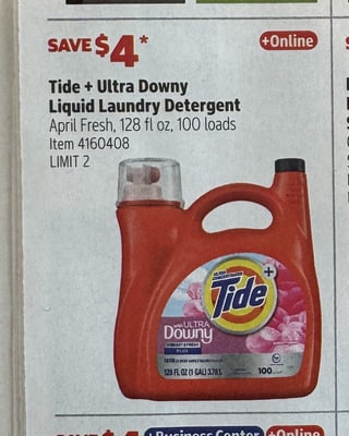 Savings Book panel for Tide + Ultra Downy Liquid Laundry Detergent, April Fresh, 128 fl oz, 100 loads