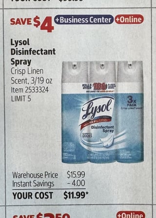 Savings Book panel for Lysol Disinfectant Spray, Crisp Linen Scent, 3/19 oz
