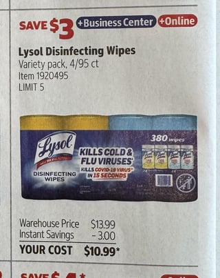 Savings Book panel for Lysol Disinfecting Wipes, Variety Pack, 4/95 ct