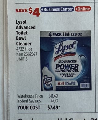 Savings Book panel for Lysol Advanced Toilet Bowl Cleaner, 4/32 fl oz
