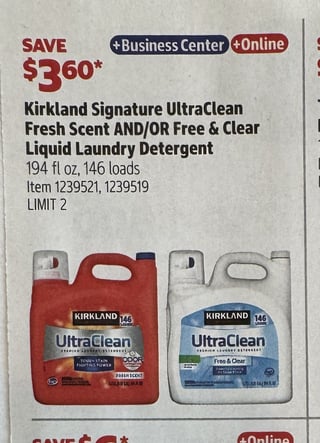 Savings Book panel for Kirkland Signature UltraClean Fresh Scent AND/OR Free & Clear Liquid Laundry Detergent