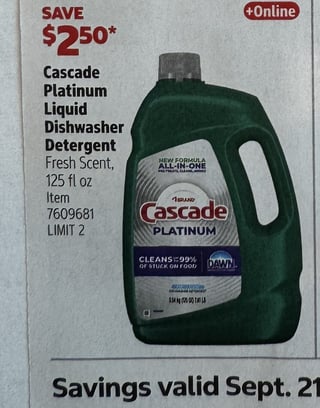 Savings Book panel for Cascade Platinum Liquid Dishwasher Detergent