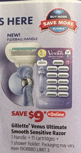 Savings Book panel for Gillette Venus Ultimate Smooth Sensitive Razor, 1 Handle + 11 cartridges + 1 shower holder. Packaging may vary.