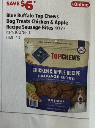 Savings Book panel for Blue Buffalo Top Chews Dog Treats Chicken & Apple Recipe Sausage Bites
