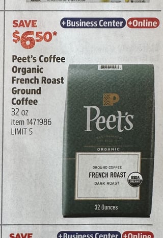 Savings Book panel for Peet’s Coffee Organic French Roast Ground Coffee