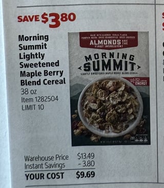 Savings Book panel for Morning Summit Lightly Sweetened Maple Berry Blend Cereal