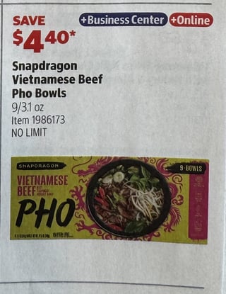 Savings Book panel for Snapdragon Vietnamese Beef Pho Bowls