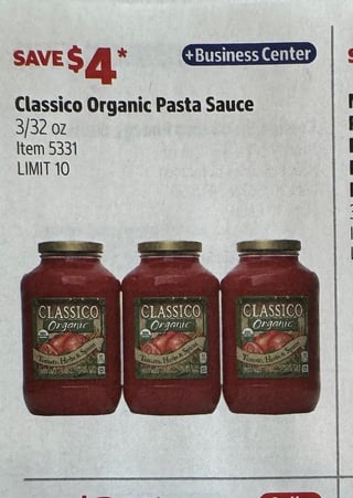 Savings Book panel for Classico Organic Pasta Sauce, 3/32 oz
