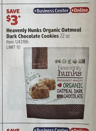 Savings Book panel for Heavenly Hunks Organic Oatmeal Dark Chocolate Cookies, 22 oz