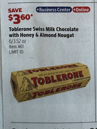 Savings Book panel for Toblerone Swiss Milk Chocolate with Honey & Almond Nougat, 6/3.52 oz