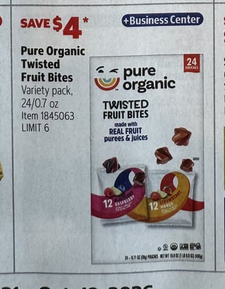 Savings Book panel for Pure Organic Twisted Fruit Bites, Variety pack, 24/0.7 oz