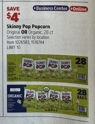 Savings Book panel for Skinny Pop Popcorn, Original OR Organic, 28 ct