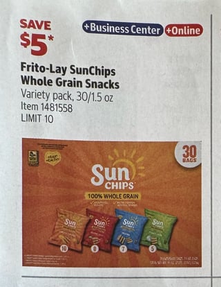 Savings Book panel for Frito-Lay SunChips Whole Grain Snacks, Variety pack, 30/1.5 oz