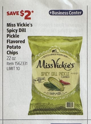 Savings Book panel for Miss Vickie’s Spicy Dill Pickle Flavored Potato Chips, 22 oz