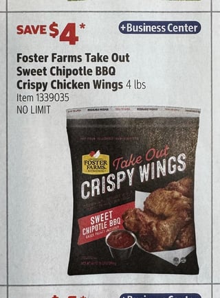 Savings Book panel for Foster Farms Take Out Sweet Chipotle BBQ Crispy Chicken Wings, 4 lbs