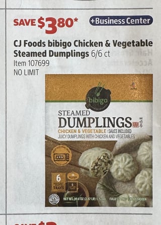 Savings Book panel for CJ Foods bibigo Chicken & Vegetable Steamed Dumplings, 6/6 ct