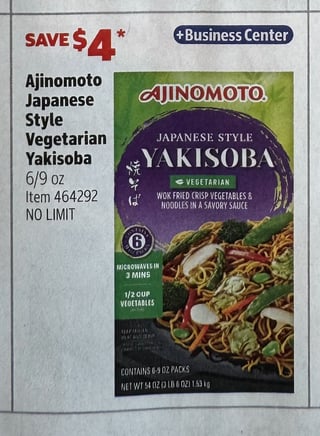 Savings Book panel for Ajinomoto Japanese Style Vegetarian Yakisoba, 6/9 oz