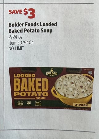 Savings Book panel for Bolder Foods Loaded Baked Potato Soup, 2/24 oz