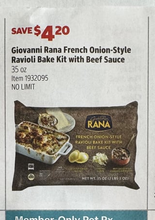 Savings Book panel for Giovanni Rana French Onion-Style Ravioli Bake Kit with Beef Sauce