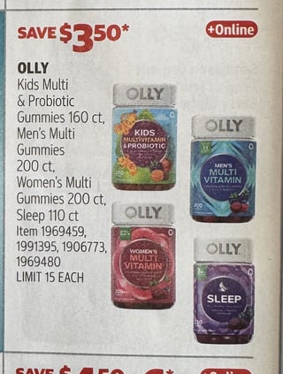Savings Book panel for OLLY Kids Multi & Probiotic Gummies; Men's Multi Gummies; Women's Multi Gummies; Sleep
