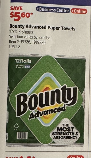 Savings Book panel for Bounty Advanced Paper Towels 12/103 Sheets
