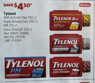 Savings Book panel for Tylenol 8HR Arthritis Pain 290 ct; Rapid Release Gels 290 ct; PM 225 ct; Extra Strength 320 ct