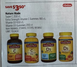 Savings Book panel for Nature Made Super C 200 ct; Extra Strength Vitamin C Gummies 180 ct; Vitamin D3 650 ct; Vitamin D3 Gummies 200 ct