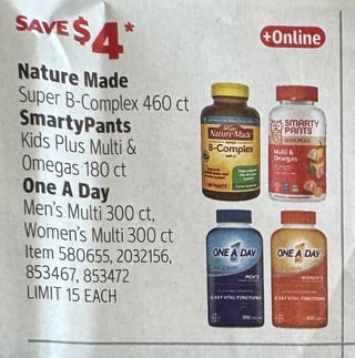 Savings Book panel for Nature Made Super B-Complex 460 ct; SmartyPants Kids Plus Multi & Omegas 180 ct; One A Day Men's Multi 300 ct; One A Day Women's Multi 300 ct
