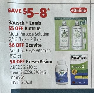 Savings Book panel for Bausch + Lomb Biotrue Multi-Purpose Solution 2/16 fl oz + 2 fl oz