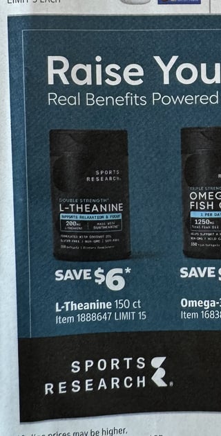 Savings Book panel for Sports Research Raise Your Standards: L-Theanine 150 ct