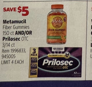 Savings Book panel for Metamucil Fiber Gummies 150 ct AND/OR Prilosec OTC 3/14 ct