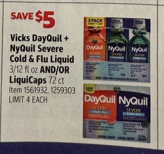 Savings Book panel for Vicks DayQuil + NyQuil Severe Cold & Flu Liquid 3/12 fl oz AND/OR LiquiCaps 72 ct