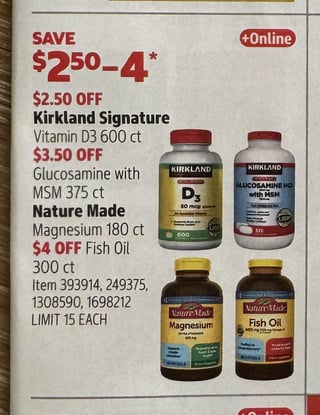 Savings Book panel for Kirkland Signature Glucosamine with MSM 375 ct