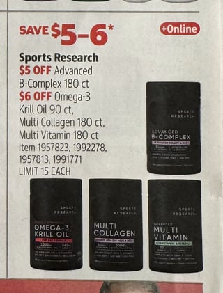 Savings Book panel for Sports Research Omega-3 Krill Oil 90 ct