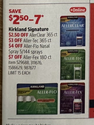 Savings Book panel for Kirkland Signature Aller-Fex 180 ct